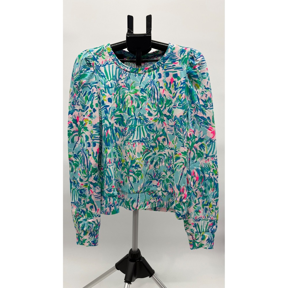 Lilly Pulitzer Jansen Long Sleeve Sweatshirt Blue Ibiza Cabana Cocktail NWT M